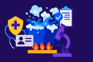 Flat-style illustration of a boiling pot with ocean waves surrounded by healthcare symbols including a shield with a cross, stethoscope, ID card, clipboard, and microscope.