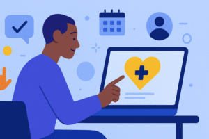 Flat-style illustration of a smiling employee sitting at a desk, pointing at a laptop screen displaying a yellow heart with a medical cross, surrounded by abstract icons and shapes representing health engagement.