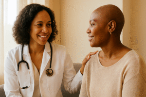 A smiling female doctor with a stethoscope rests her hand reassuringly on the shoulder of a patient during a warm, compassionate conversation in a softly lit clinic.
