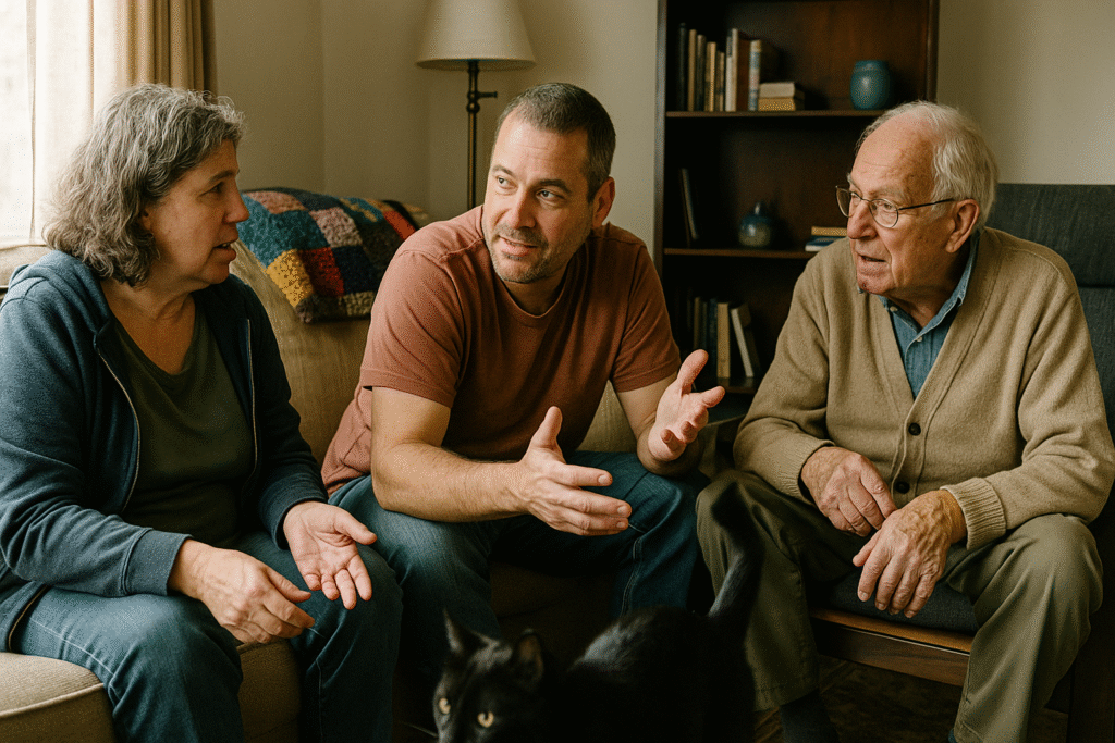 A candid moment of a middle-aged man sitting with his older sister and elderly father in a lived-in living room, talking casually while a black cat walks across the coffee table.