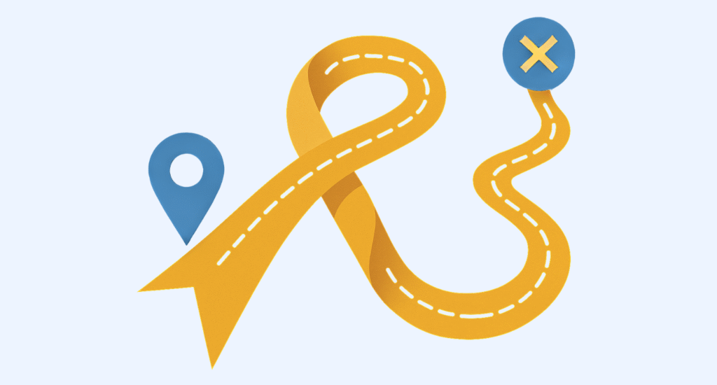A golden cancer awareness ribbon forms a winding path, with a blue map pin at the starting point and a blue circle with a yellow “X” at the end, set against a light blue background.