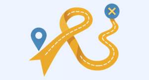 A golden cancer awareness ribbon forms a winding path, with a blue map pin at the starting point and a blue circle with a yellow “X” at the end, set against a light blue background.