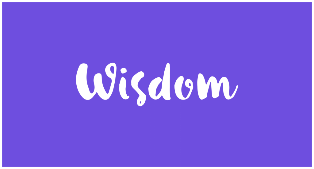 White hand-drawn “Wisdom” wordmark centered on a solid purple background.